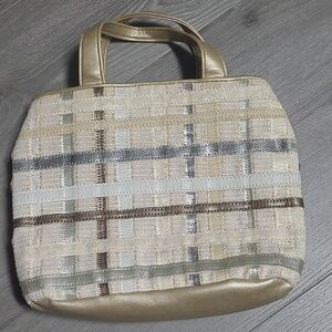 Cream Metallic-Trim Tote Bag with Woven Plaid Detail
